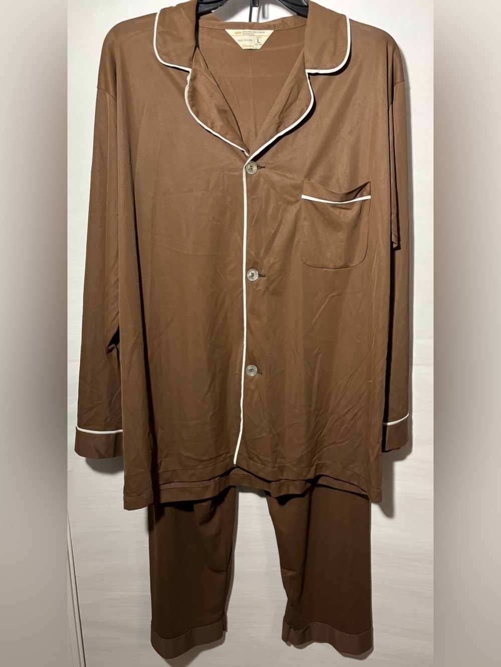 Vintage JCPenney 70s Nylon Pajama Set L Brown White Piping